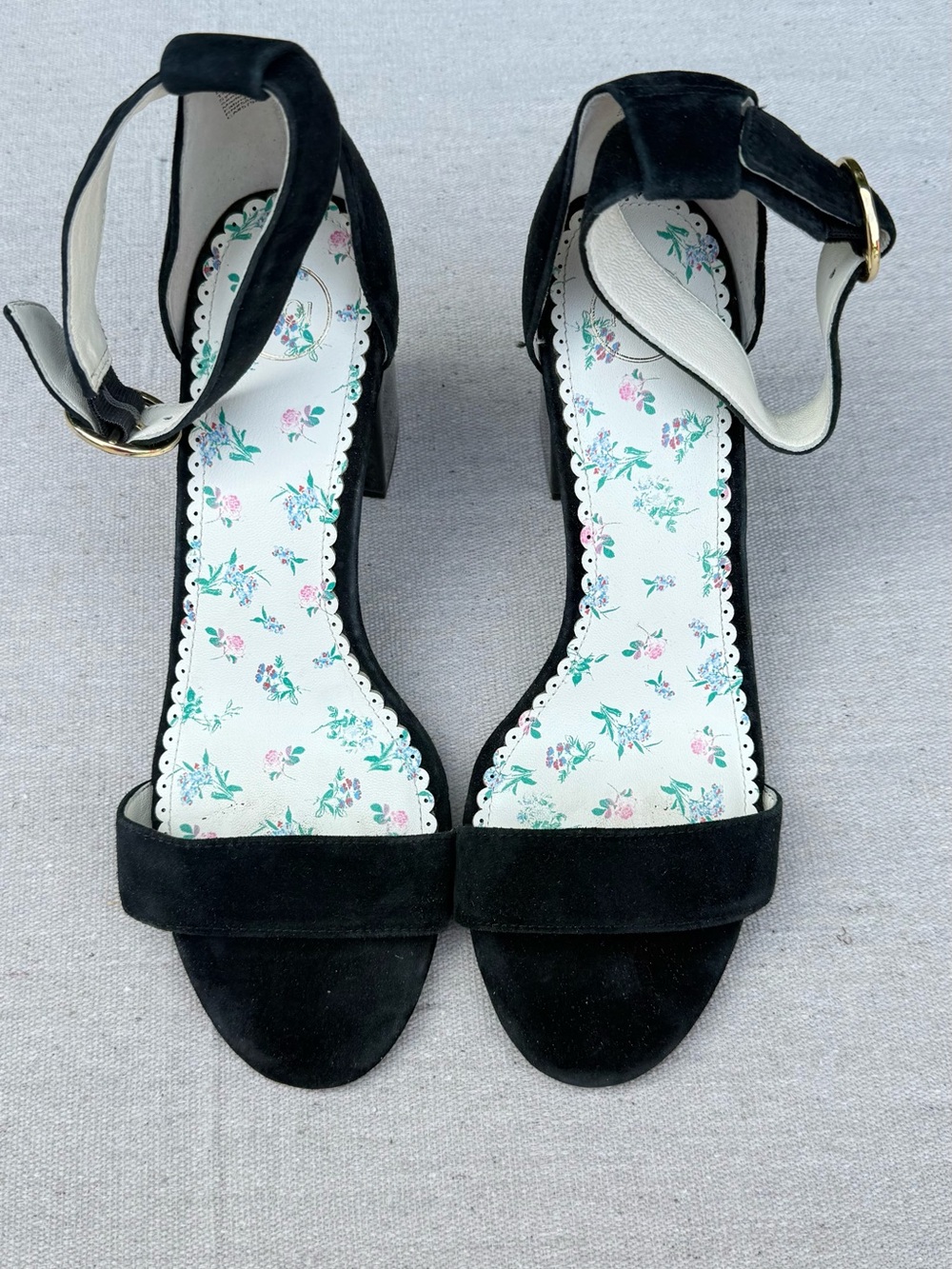 1901 Black Suede Ankle-Strap Heels with Floral Insole